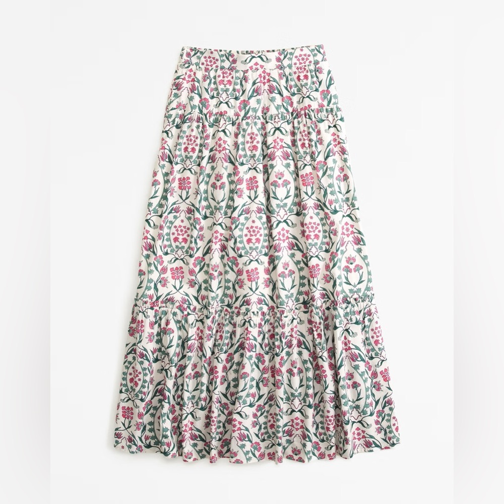 Abercrombie & Fitch Floral Tiered Maxi Skirt in White, Pink & Green